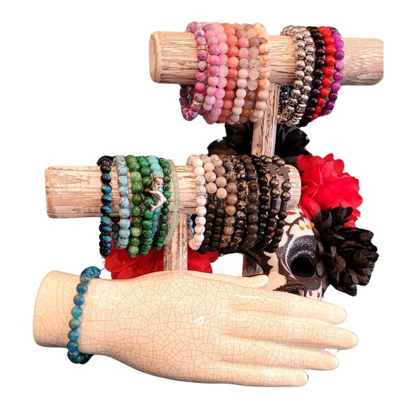 8mm Genuine Blue-Green Agate Natural Stone Beaded Stretch Bracelet Round Bead - Picture 4 of 4